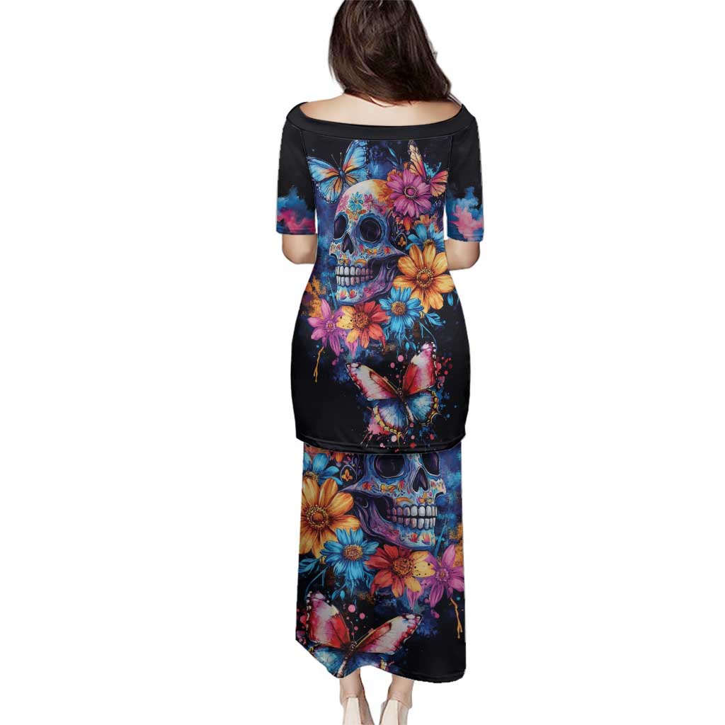 Mexican La Calaca and Butterfly Family Matching Puletasi and Hawaiian Shirt Skull Day Of The Dead - Wonder Print Shop