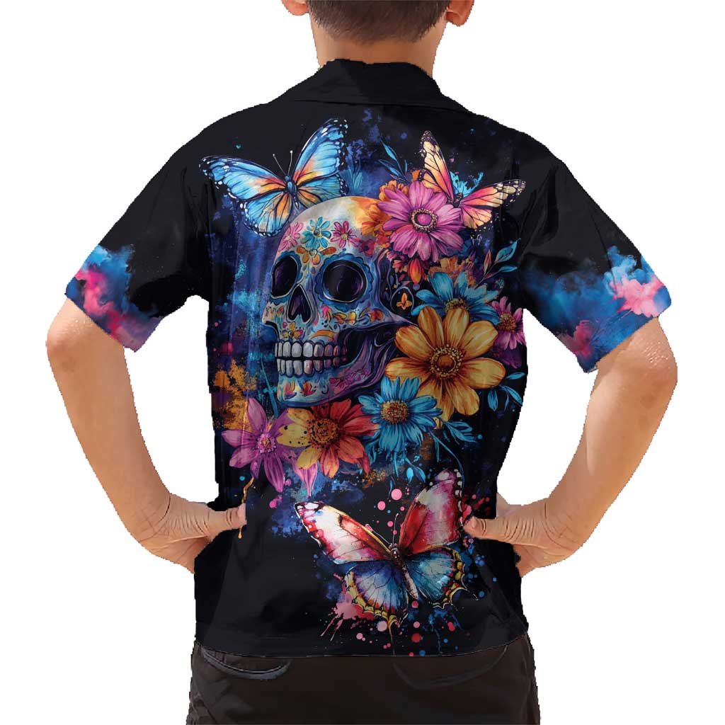 Mexican La Calaca and Butterfly Family Matching Short Sleeve Bodycon Dress and Hawaiian Shirt Skull Day Of The Dead - Wonder Print Shop