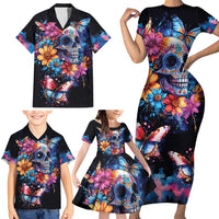 Mexican La Calaca and Butterfly Family Matching Short Sleeve Bodycon Dress and Hawaiian Shirt Skull Day Of The Dead - Wonder Print Shop