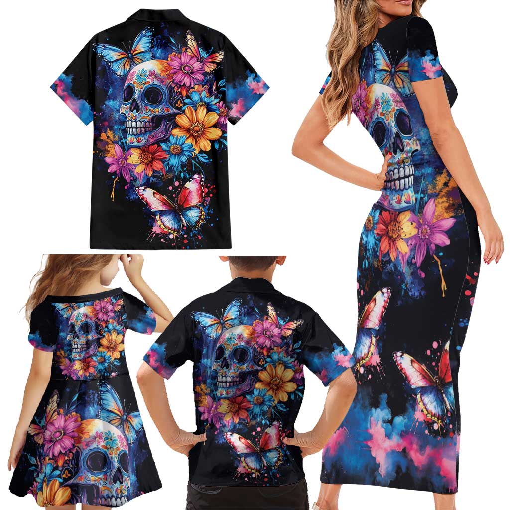 Mexican La Calaca and Butterfly Family Matching Short Sleeve Bodycon Dress and Hawaiian Shirt Skull Day Of The Dead - Wonder Print Shop