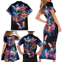 Mexican La Calaca and Butterfly Family Matching Short Sleeve Bodycon Dress and Hawaiian Shirt Skull Day Of The Dead - Wonder Print Shop