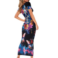 Mexican La Calaca and Butterfly Family Matching Short Sleeve Bodycon Dress and Hawaiian Shirt Skull Day Of The Dead - Wonder Print Shop
