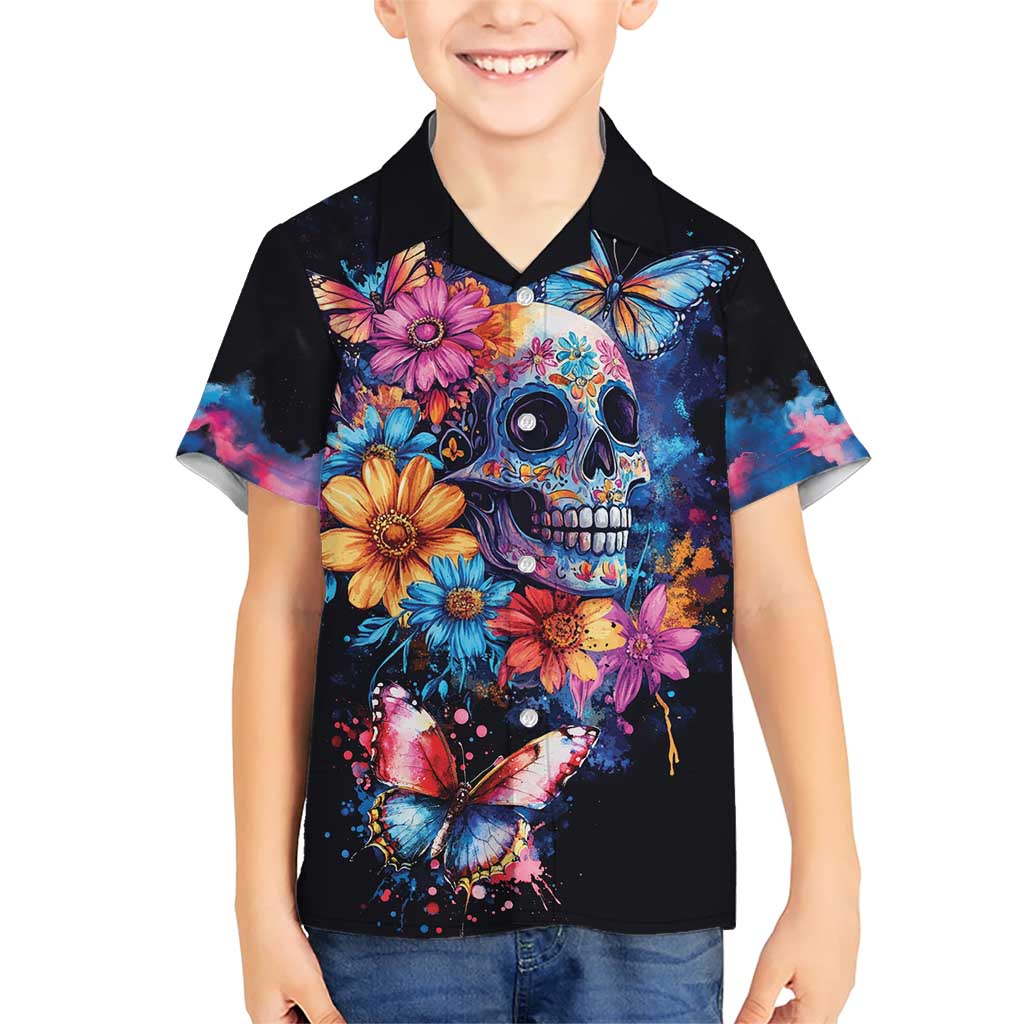 Mexican La Calaca and Butterfly Family Matching Short Sleeve Bodycon Dress and Hawaiian Shirt Skull Day Of The Dead - Wonder Print Shop