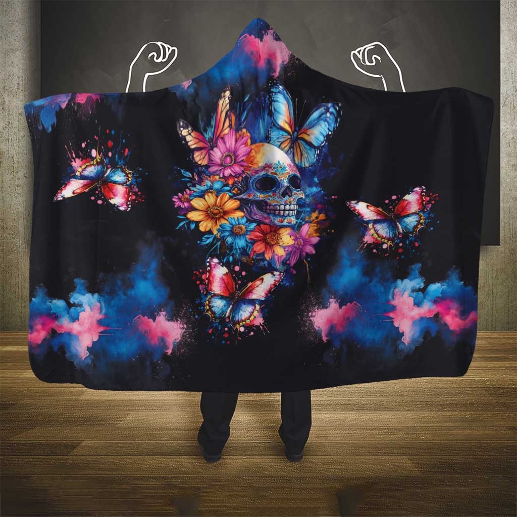 Mexican La Calaca and Butterfly Hooded Blanket Skull Day Of The Dead