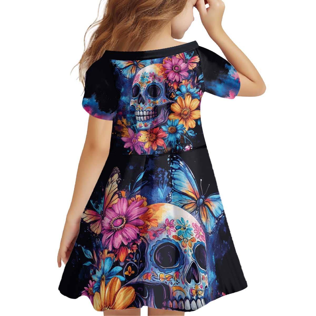 Mexican La Calaca and Butterfly Kid Short Sleeve Dress Skull Day Of The Dead - Wonder Print Shop