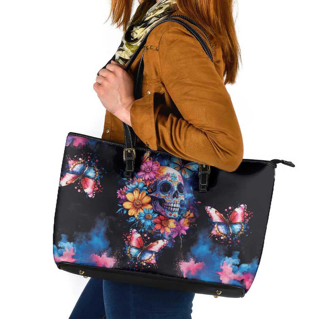 Mexican La Calaca and Butterfly Leather Tote Bag Skull Day Of The Dead - Wonder Print Shop
