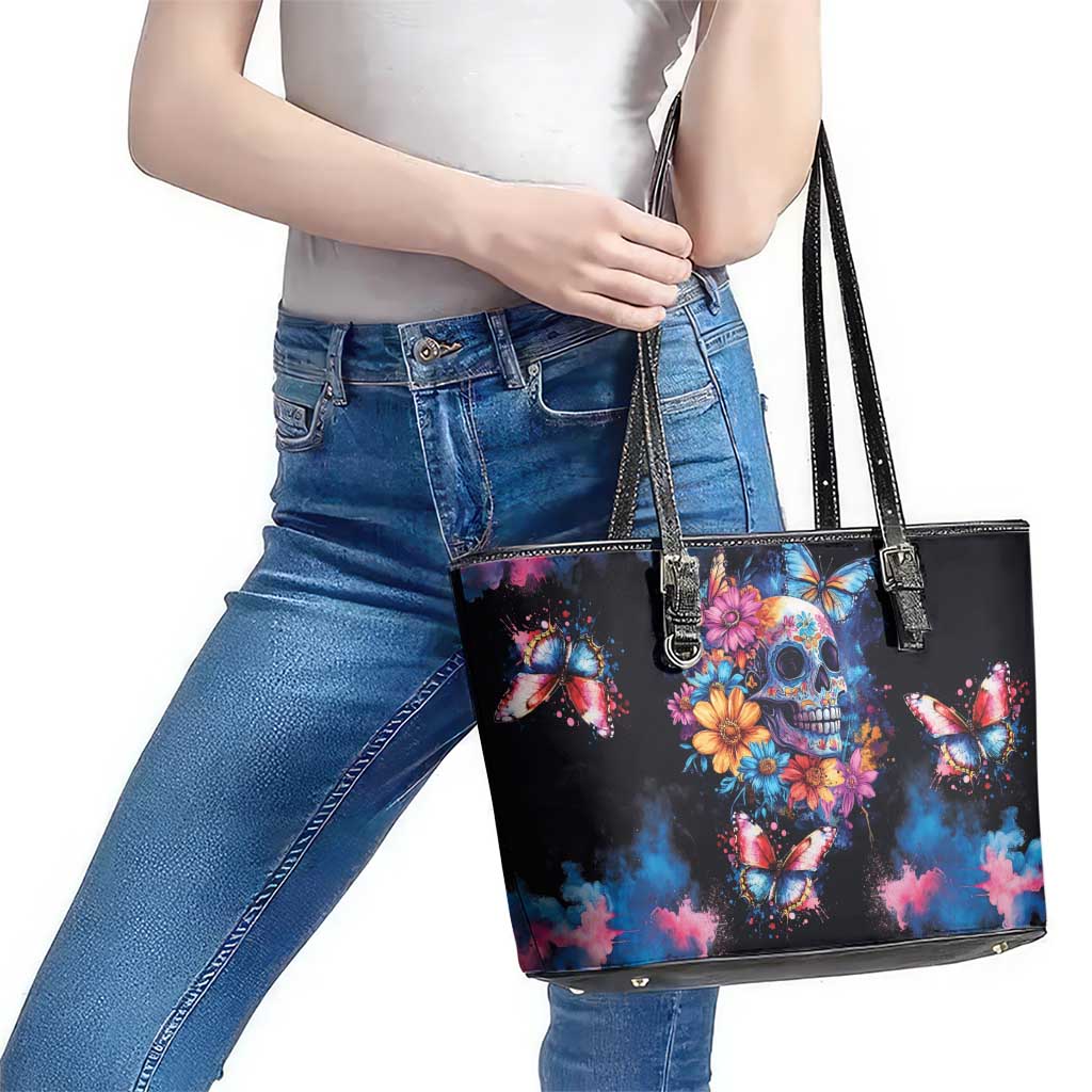 Mexican La Calaca and Butterfly Leather Tote Bag Skull Day Of The Dead - Wonder Print Shop