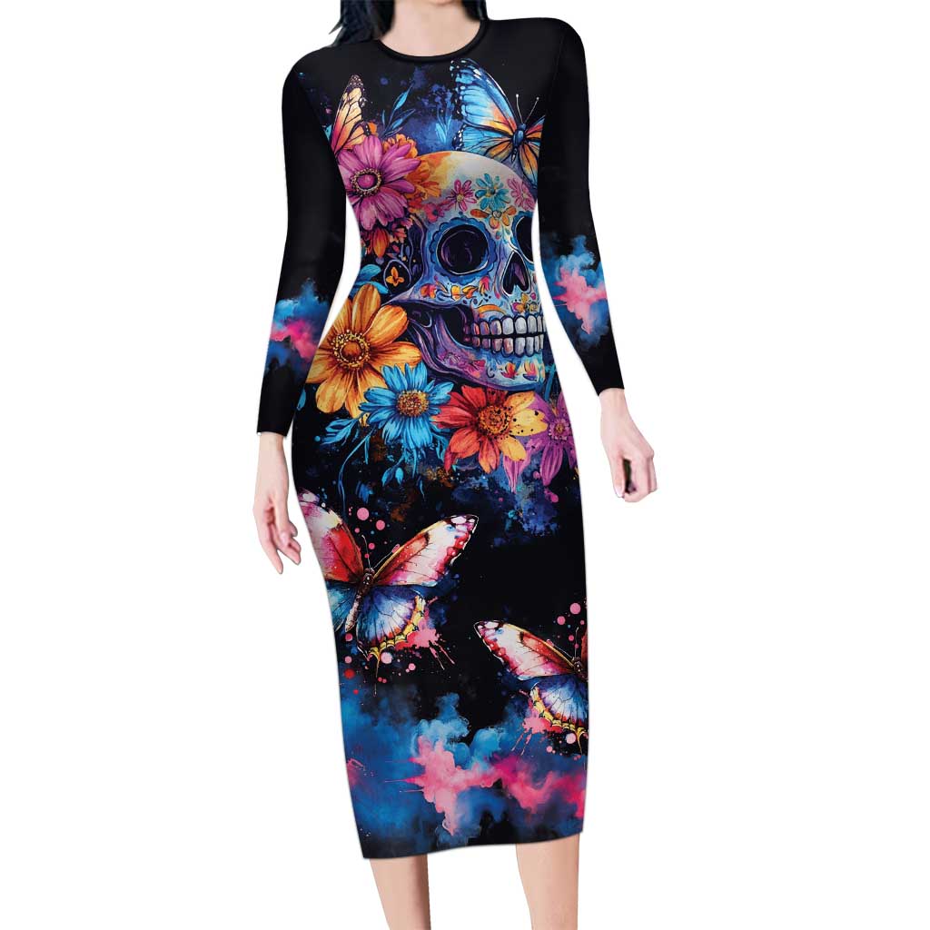 Mexican La Calaca and Butterfly Long Sleeve Bodycon Dress Skull Day Of The Dead - Wonder Print Shop