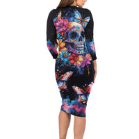 Mexican La Calaca and Butterfly Long Sleeve Bodycon Dress Skull Day Of The Dead - Wonder Print Shop