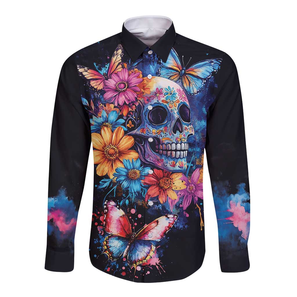 Mexican La Calaca and Butterfly Long Sleeve Button Shirt Skull Day Of The Dead - Wonder Print Shop