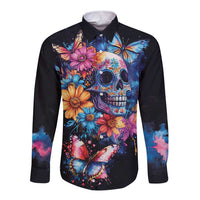 Mexican La Calaca and Butterfly Long Sleeve Button Shirt Skull Day Of The Dead - Wonder Print Shop