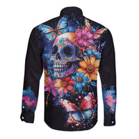 Mexican La Calaca and Butterfly Long Sleeve Button Shirt Skull Day Of The Dead - Wonder Print Shop