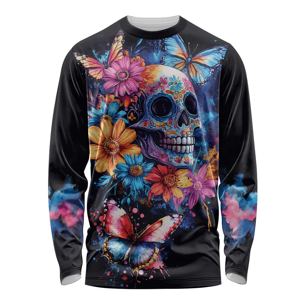 Mexican La Calaca and Butterfly Long Sleeve Shirt Skull Day Of The Dead - Wonder Print Shop