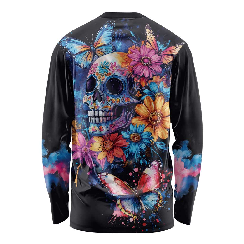 Mexican La Calaca and Butterfly Long Sleeve Shirt Skull Day Of The Dead - Wonder Print Shop