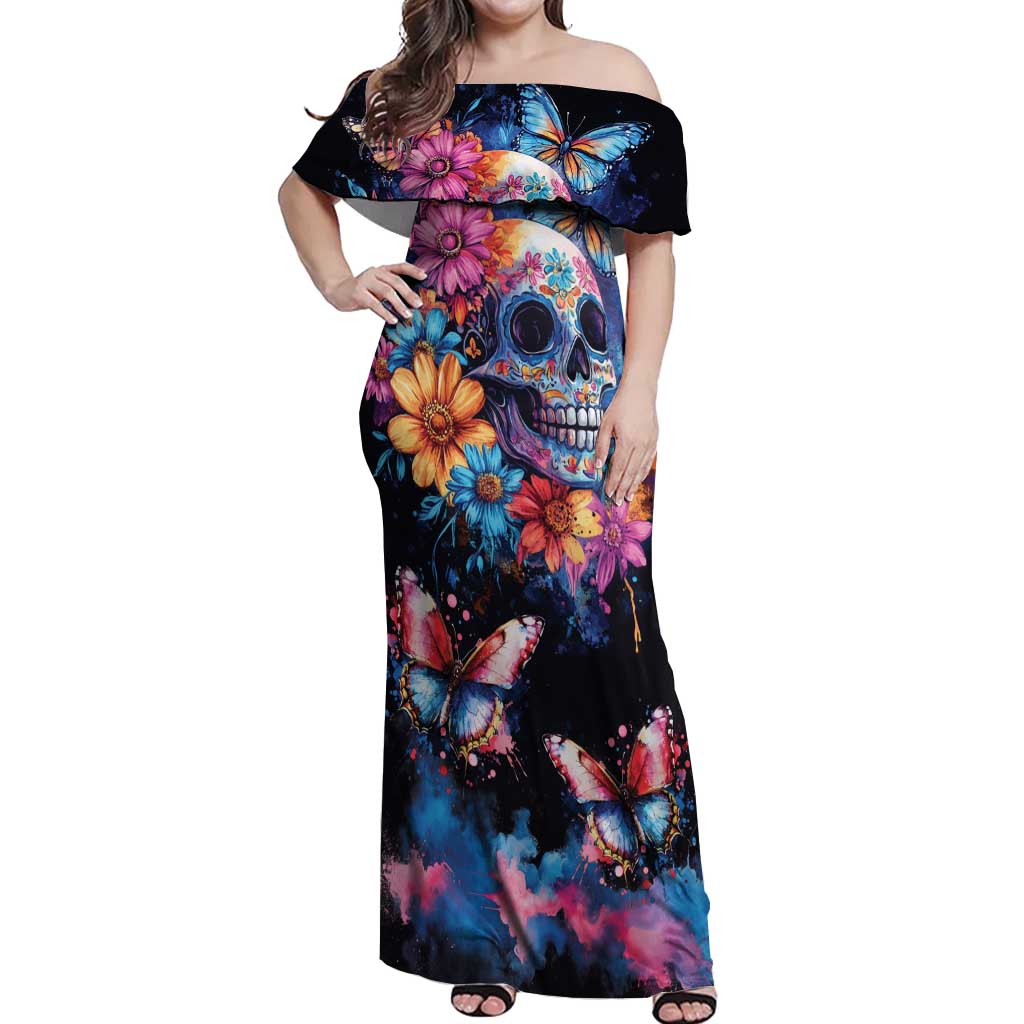 Mexican La Calaca and Butterfly Off Shoulder Maxi Dress Skull Day Of The Dead - Wonder Print Shop