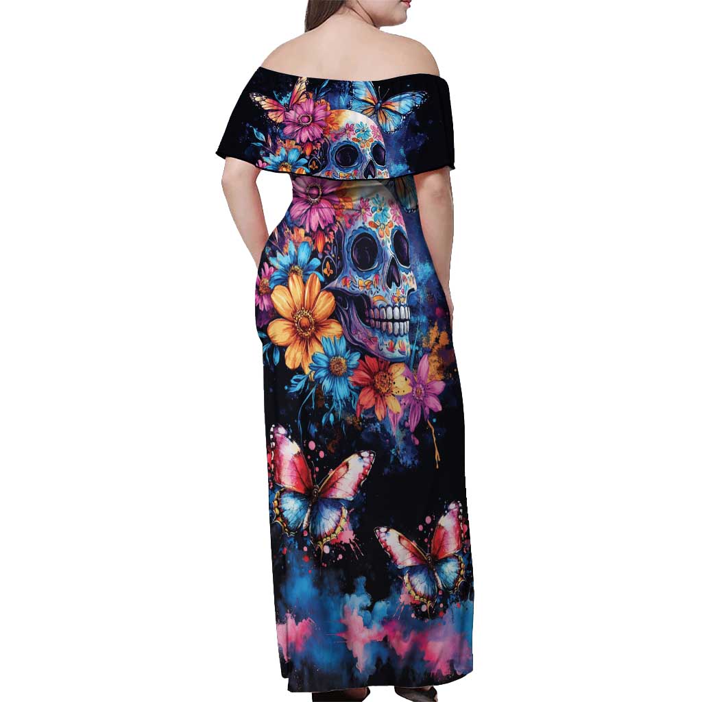 Mexican La Calaca and Butterfly Off Shoulder Maxi Dress Skull Day Of The Dead - Wonder Print Shop