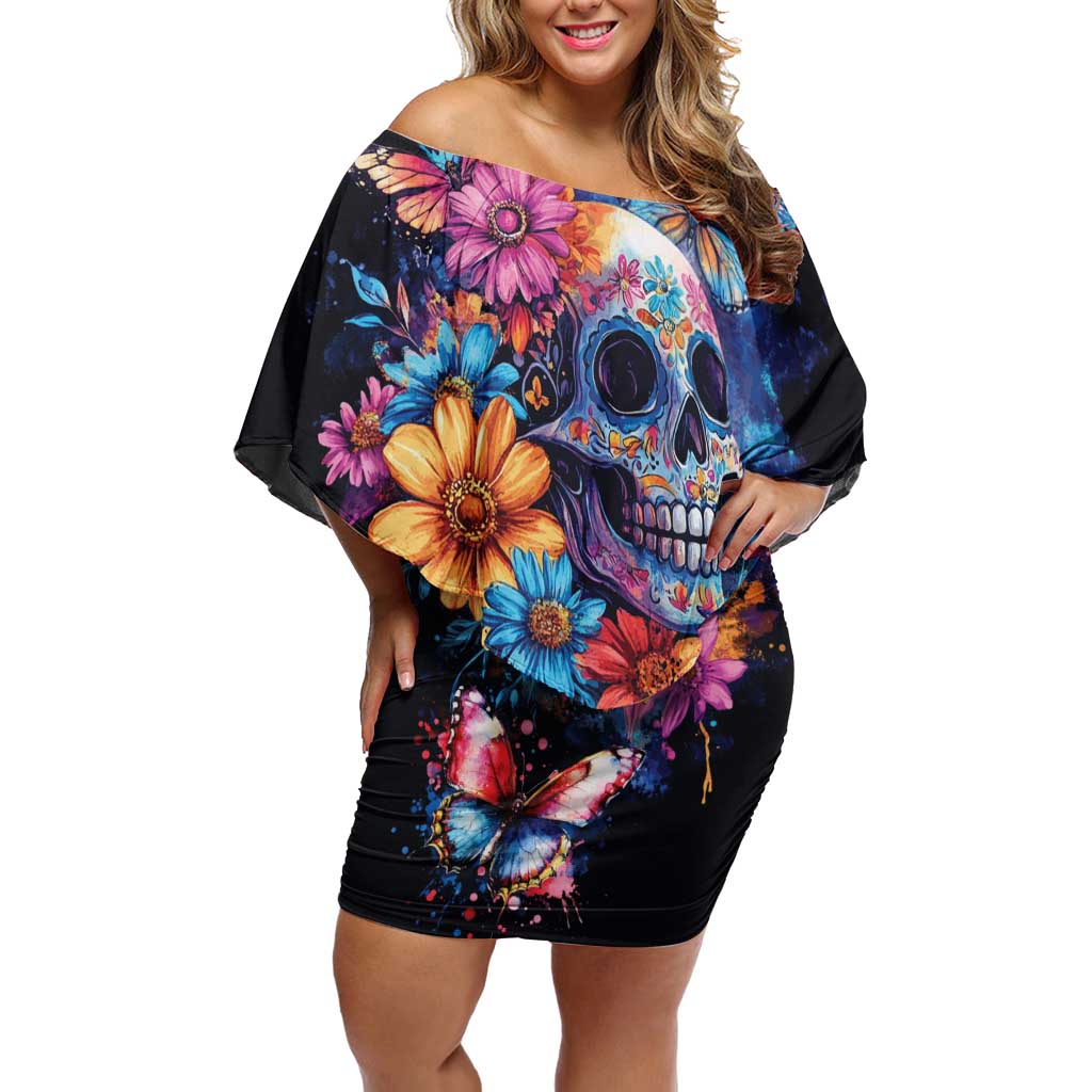 Mexican La Calaca and Butterfly Off Shoulder Short Dress Skull Day Of The Dead - Wonder Print Shop