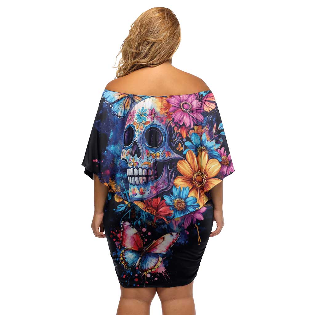Mexican La Calaca and Butterfly Off Shoulder Short Dress Skull Day Of The Dead - Wonder Print Shop