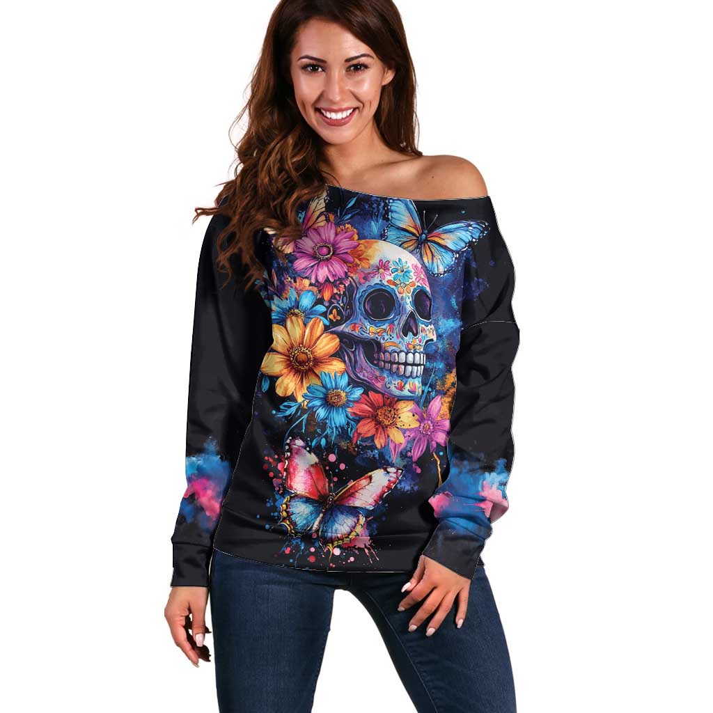 Mexican La Calaca and Butterfly Off Shoulder Sweater Skull Day Of The Dead - Wonder Print Shop