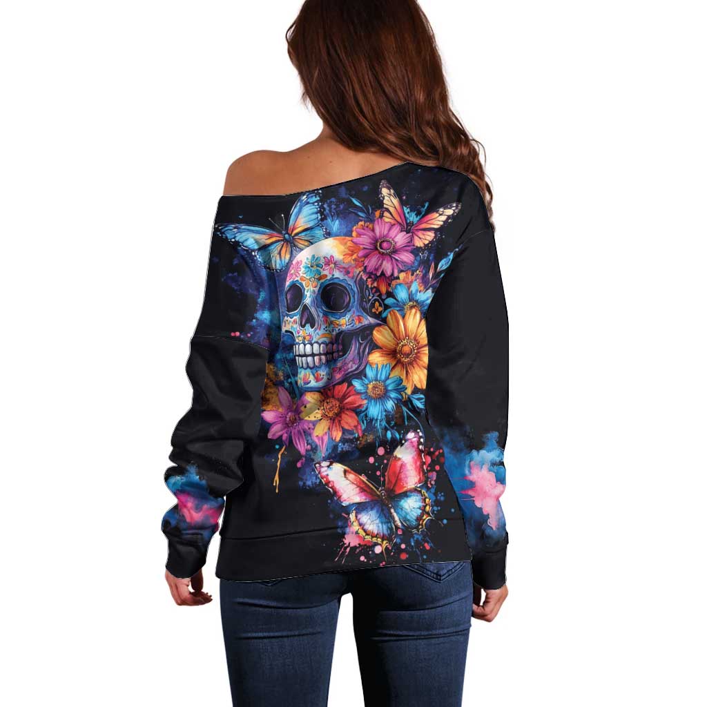 Mexican La Calaca and Butterfly Off Shoulder Sweater Skull Day Of The Dead - Wonder Print Shop
