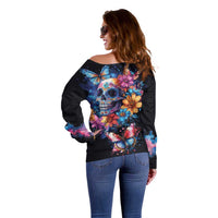 Mexican La Calaca and Butterfly Off Shoulder Sweater Skull Day Of The Dead - Wonder Print Shop