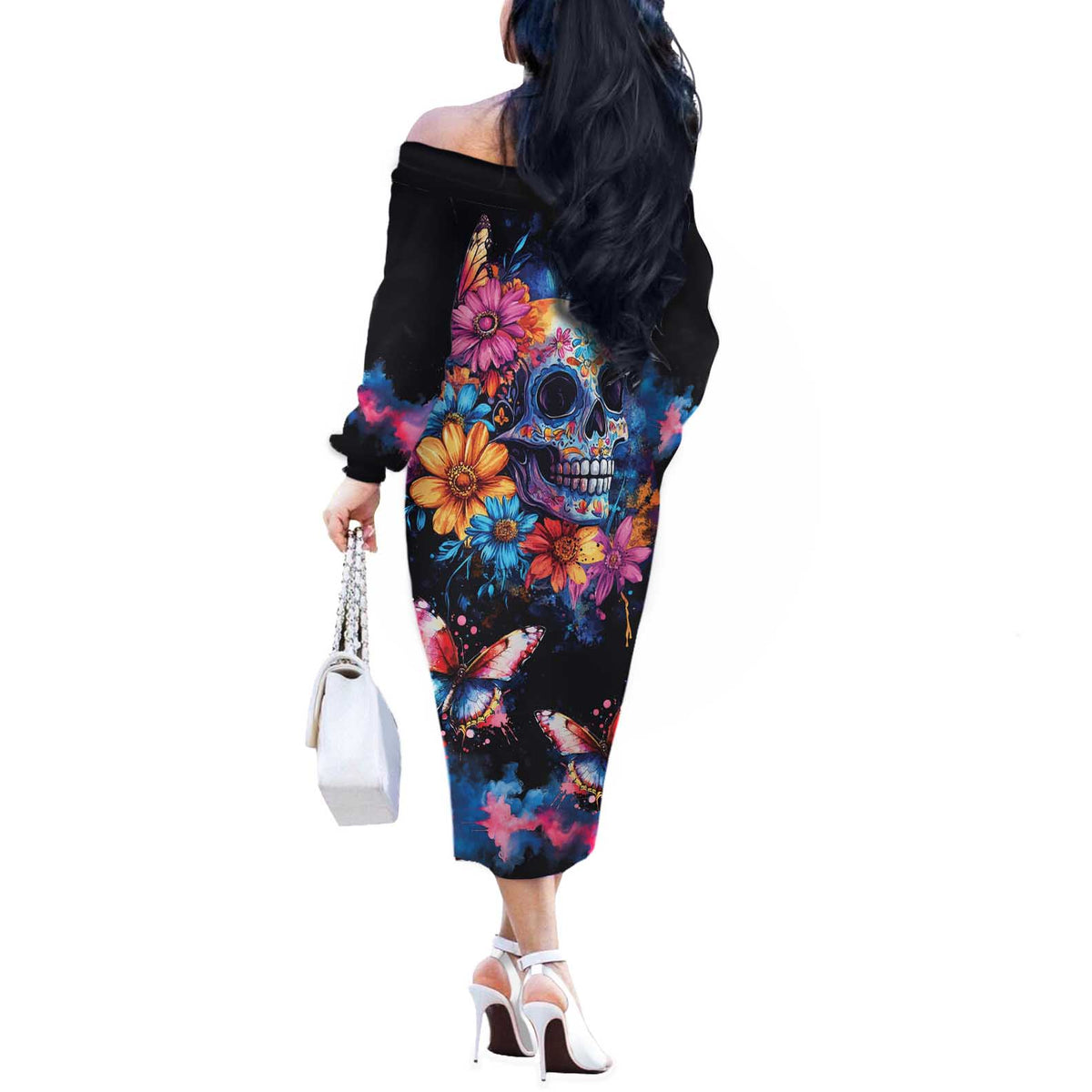 Mexican La Calaca and Butterfly Off The Shoulder Long Sleeve Dress Skull Day Of The Dead - Wonder Print Shop