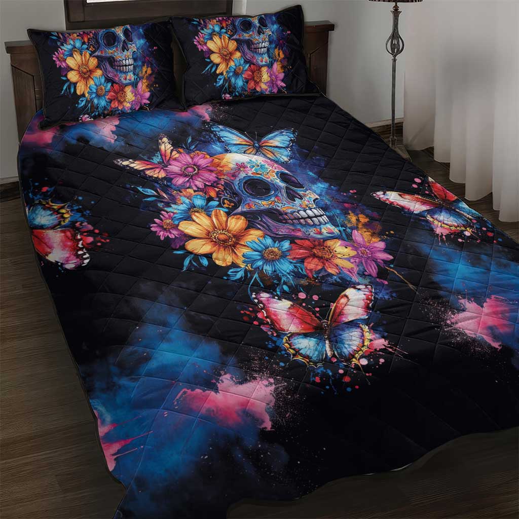 Mexican La Calaca and Butterfly Quilt Bed Set Skull Day Of The Dead - Wonder Print Shop