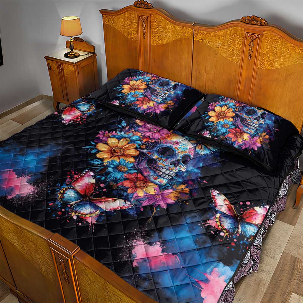 Mexican La Calaca and Butterfly Quilt Bed Set Skull Day Of The Dead - Wonder Print Shop