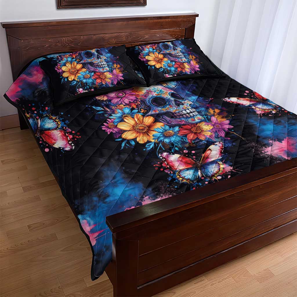 Mexican La Calaca and Butterfly Quilt Bed Set Skull Day Of The Dead - Wonder Print Shop