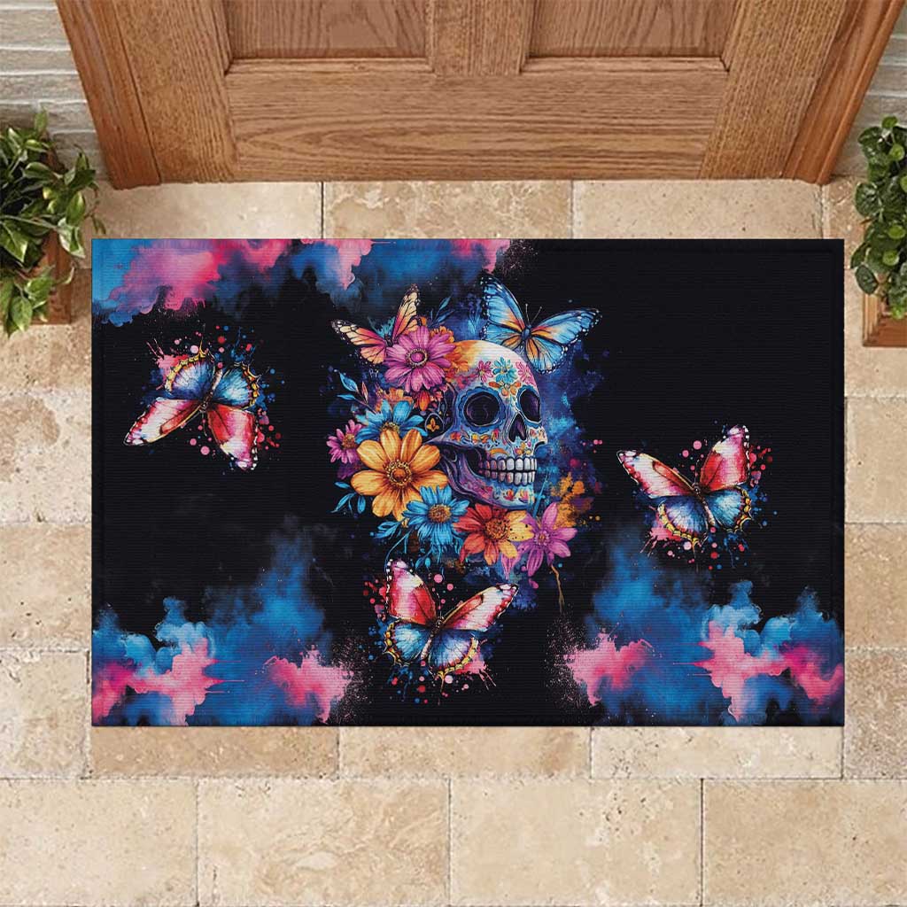 Mexican La Calaca and Butterfly Rubber Doormat Skull Day Of The Dead - Wonder Print Shop