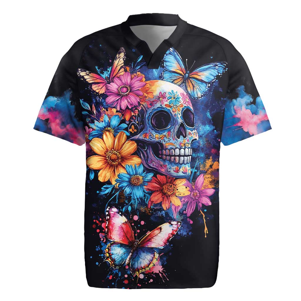 Mexican La Calaca and Butterfly Rugby Jersey Skull Day Of The Dead - Wonder Print Shop