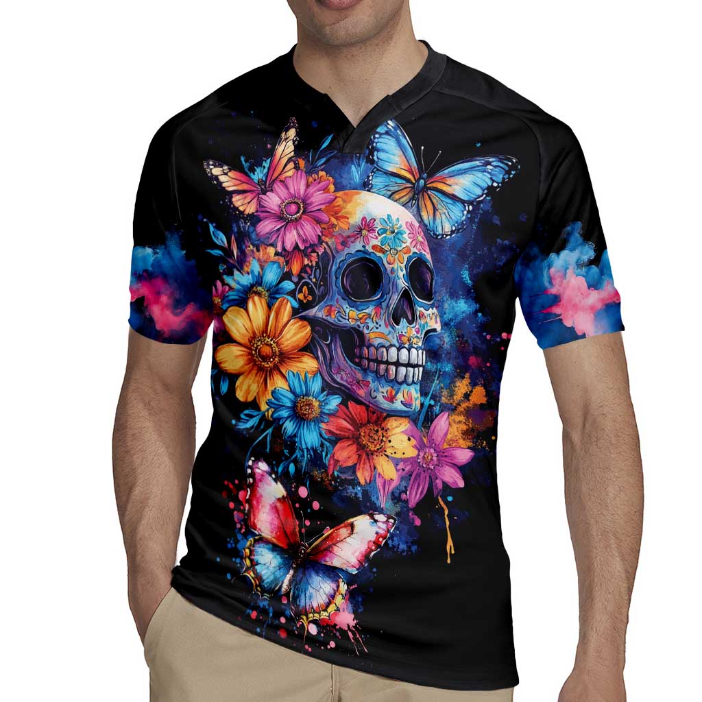 Mexican La Calaca and Butterfly Rugby Jersey Skull Day Of The Dead - Wonder Print Shop