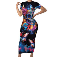 Mexican La Calaca and Butterfly Short Sleeve Bodycon Dress Skull Day Of The Dead - Wonder Print Shop