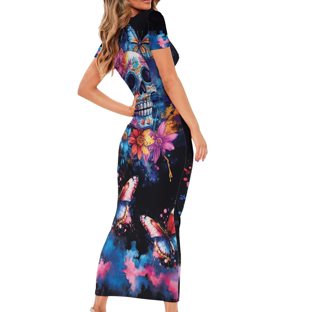 Mexican La Calaca and Butterfly Short Sleeve Bodycon Dress Skull Day Of The Dead - Wonder Print Shop