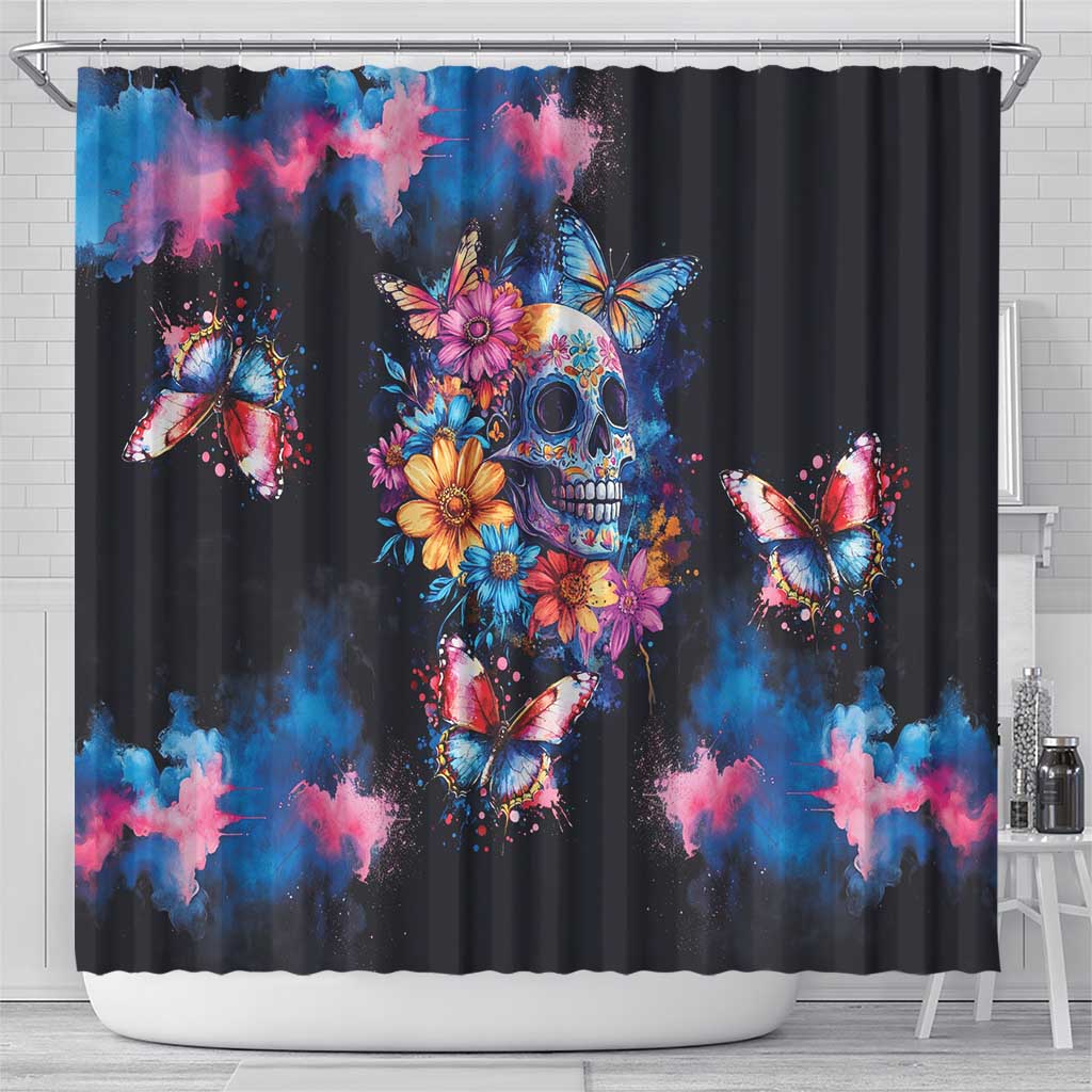 Mexican La Calaca and Butterfly Shower Curtain Skull Day Of The Dead