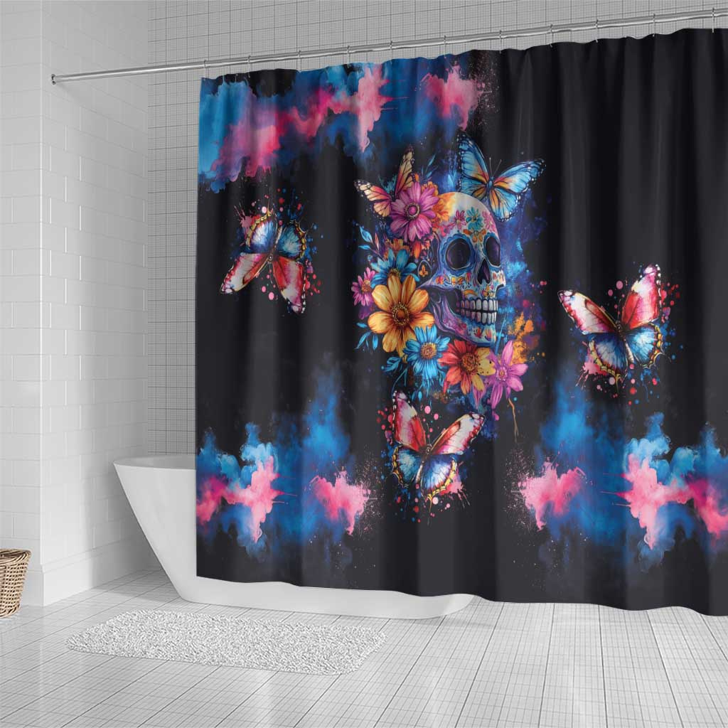 Mexican La Calaca and Butterfly Shower Curtain Skull Day Of The Dead