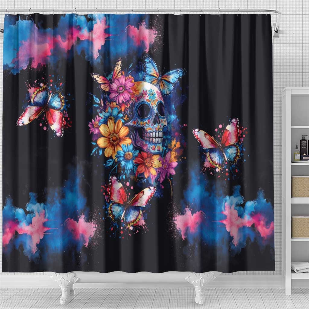 Mexican La Calaca and Butterfly Shower Curtain Skull Day Of The Dead