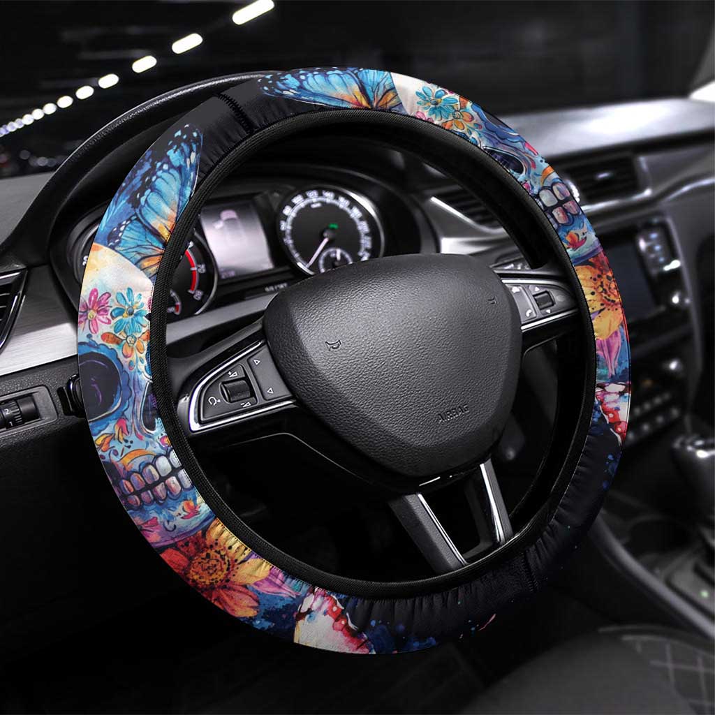 Mexican La Calaca and Butterfly Steering Wheel Cover Skull Day Of The Dead - Wonder Print Shop