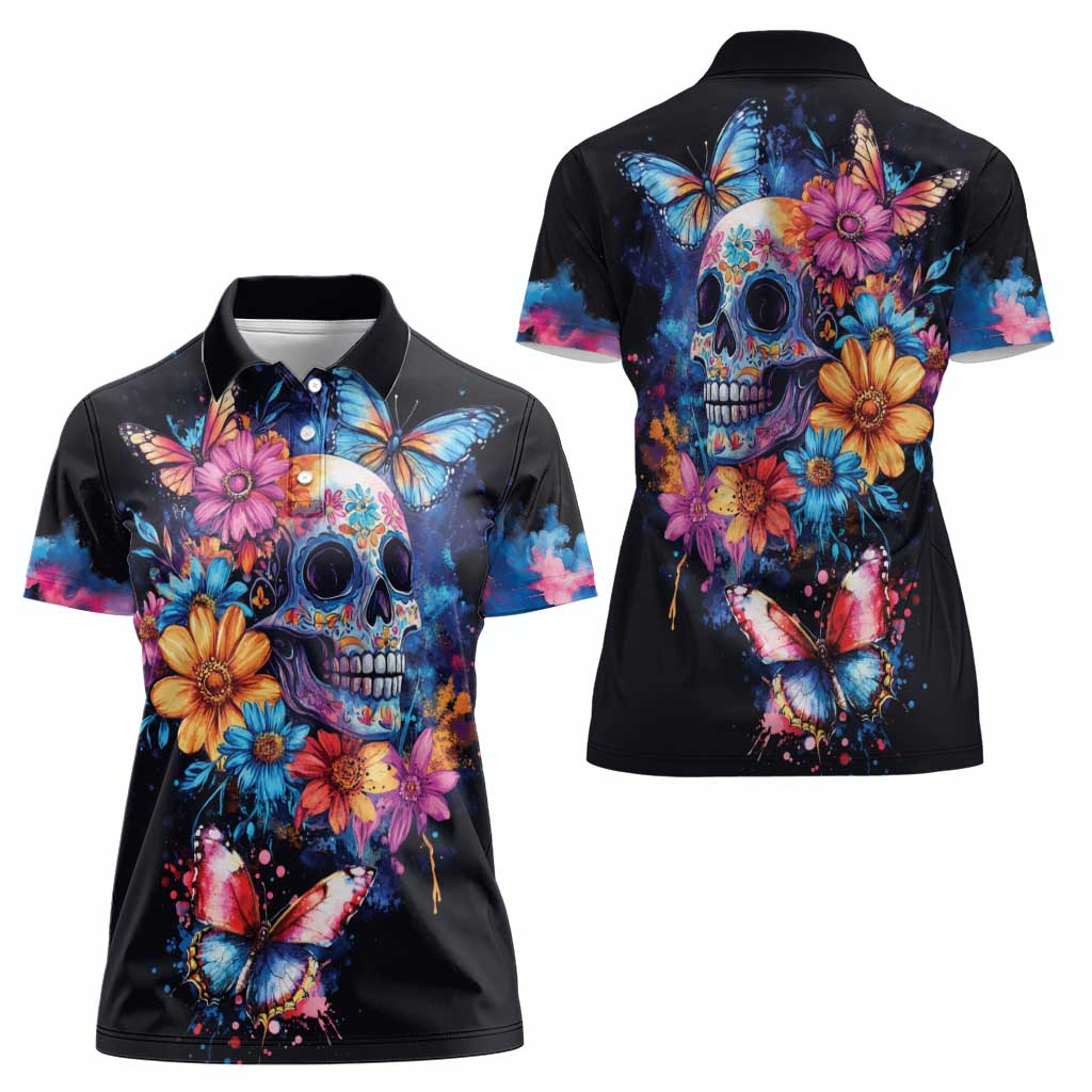Mexican La Calaca and Butterfly Women Polo Shirt Skull Day Of The Dead - Wonder Print Shop
