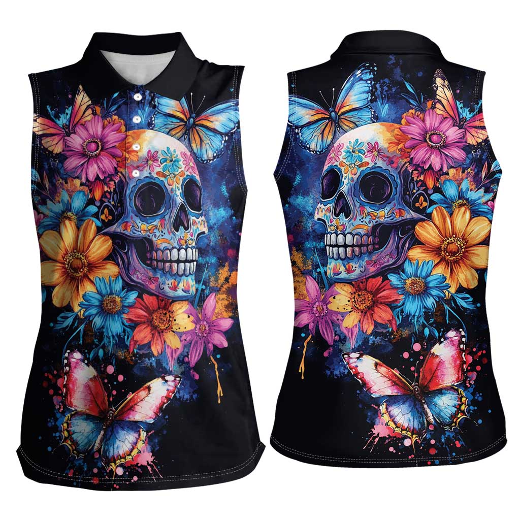 Mexican La Calaca and Butterfly Women Sleeveless Polo Shirt Skull Day Of The Dead - Wonder Print Shop