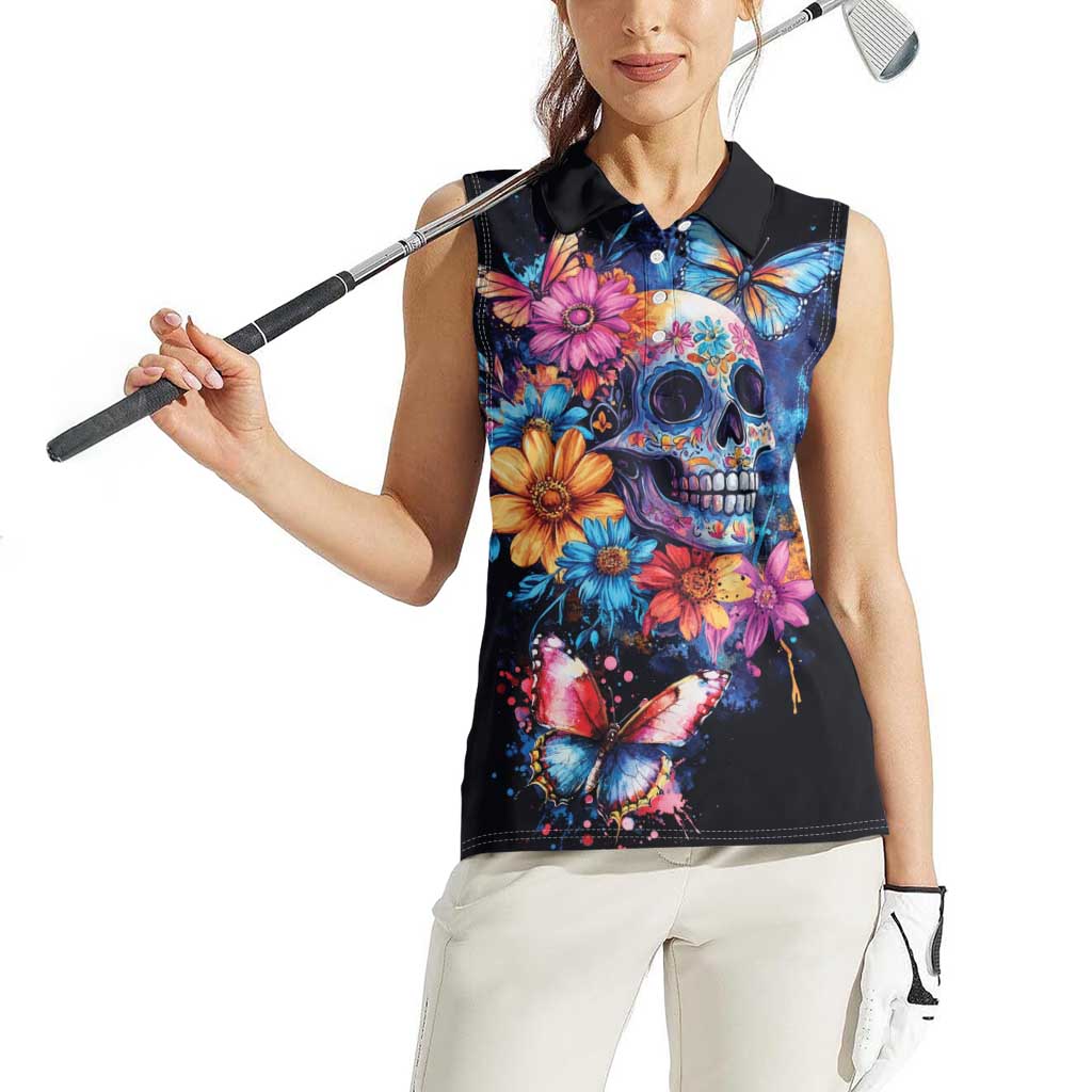 Mexican La Calaca and Butterfly Women Sleeveless Polo Shirt Skull Day Of The Dead - Wonder Print Shop