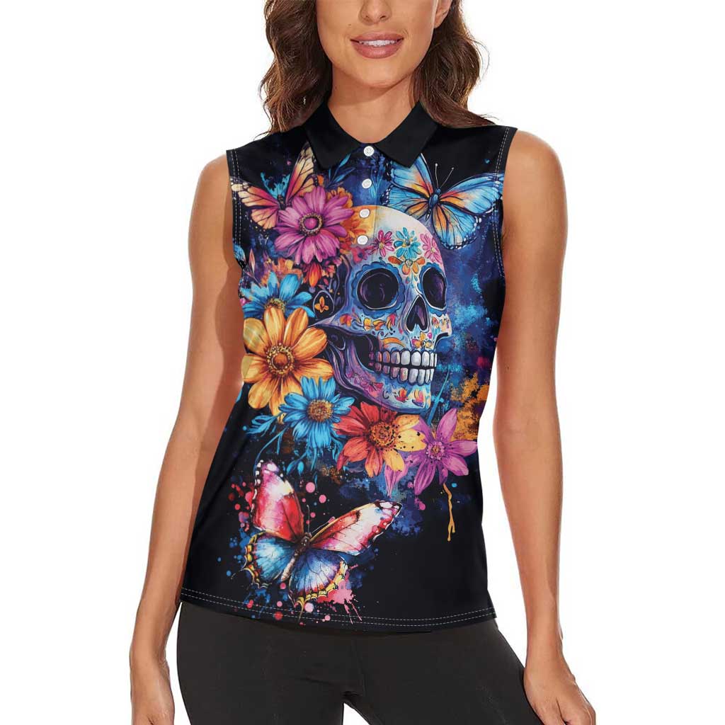 Mexican La Calaca and Butterfly Women Sleeveless Polo Shirt Skull Day Of The Dead - Wonder Print Shop