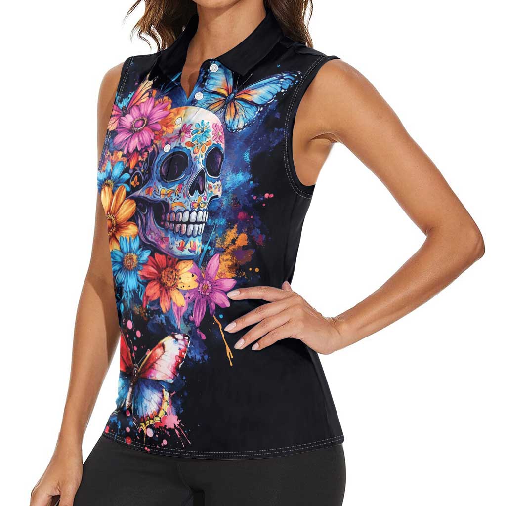 Mexican La Calaca and Butterfly Women Sleeveless Polo Shirt Skull Day Of The Dead - Wonder Print Shop