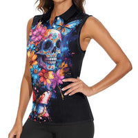 Mexican La Calaca and Butterfly Women Sleeveless Polo Shirt Skull Day Of The Dead - Wonder Print Shop