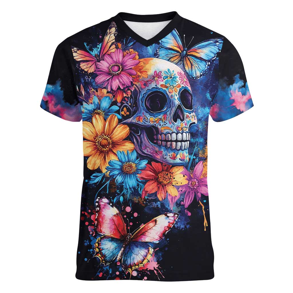 Mexican La Calaca and Butterfly Women V-Neck T-Shirt Skull Day Of The Dead - Wonder Print Shop