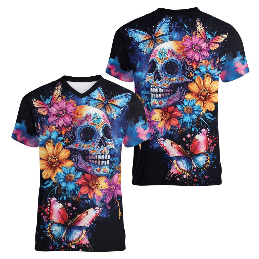Mexican La Calaca and Butterfly Women V-Neck T-Shirt Skull Day Of The Dead - Wonder Print Shop