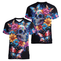 Mexican La Calaca and Butterfly Women V-Neck T-Shirt Skull Day Of The Dead - Wonder Print Shop