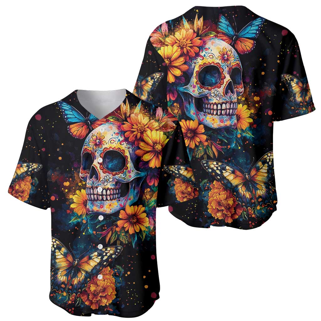 Mexican La Calaca and Marigold Flowers Baseball Jersey Skull Day Of The Dead LT9 - Wonder Print Shop