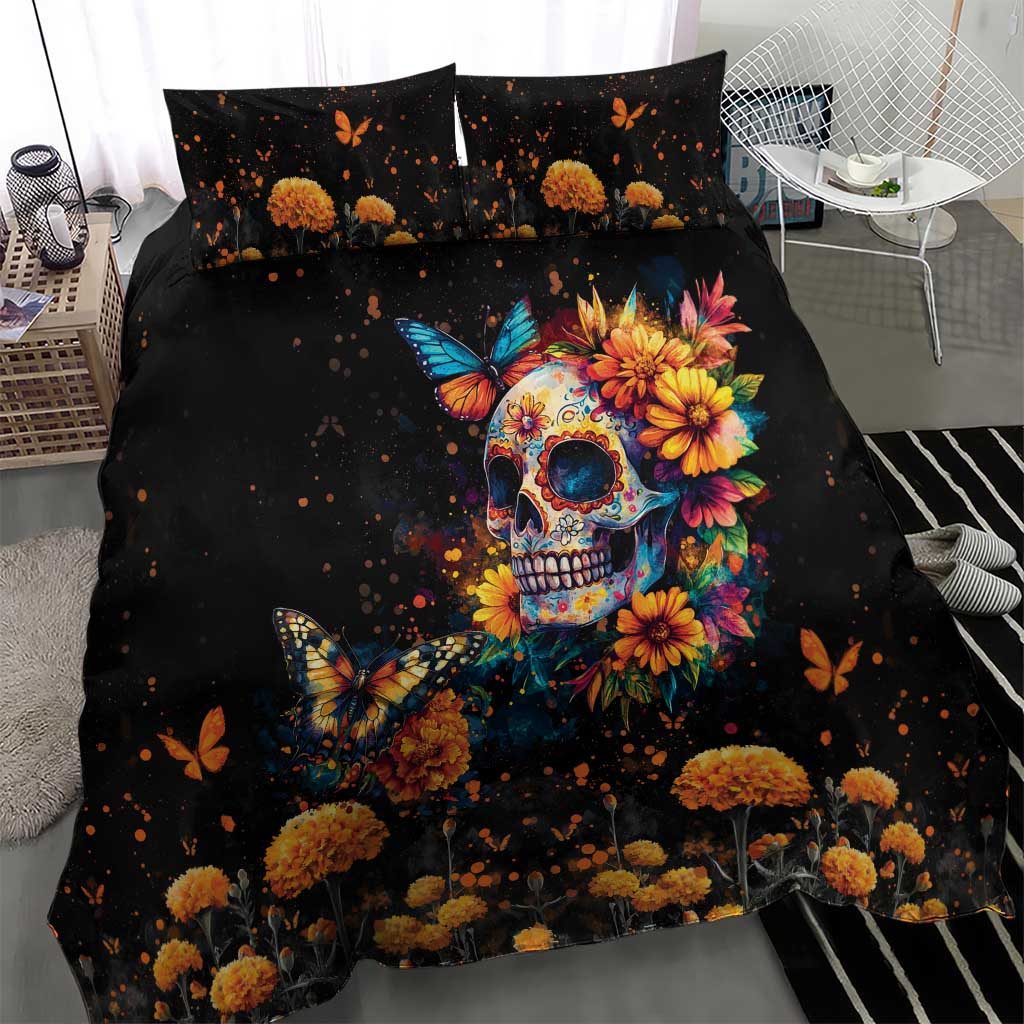 Mexican La Calaca and Marigold Flowers Bedding Set Skull Day Of The Dead LT9 - Wonder Print Shop