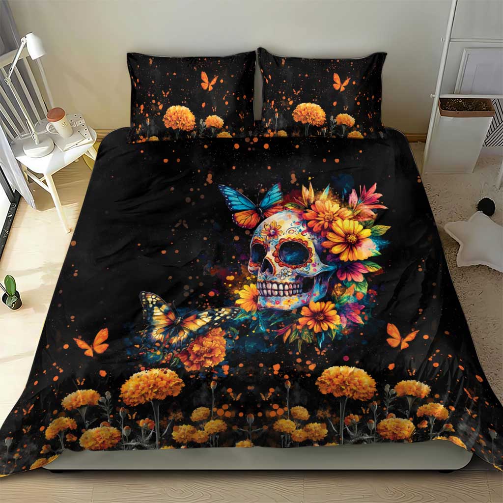 Mexican La Calaca and Marigold Flowers Bedding Set Skull Day Of The Dead LT9 - Wonder Print Shop